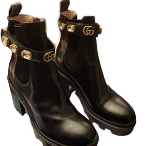 Authentic Gucci Black Crystal Embellished Leather Ankle Boots